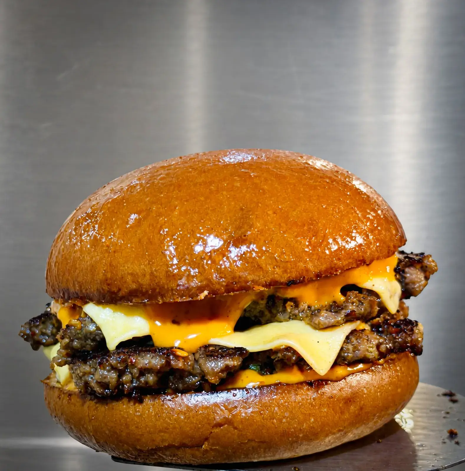A glossy double smash burger with melted cheese against brushed steel