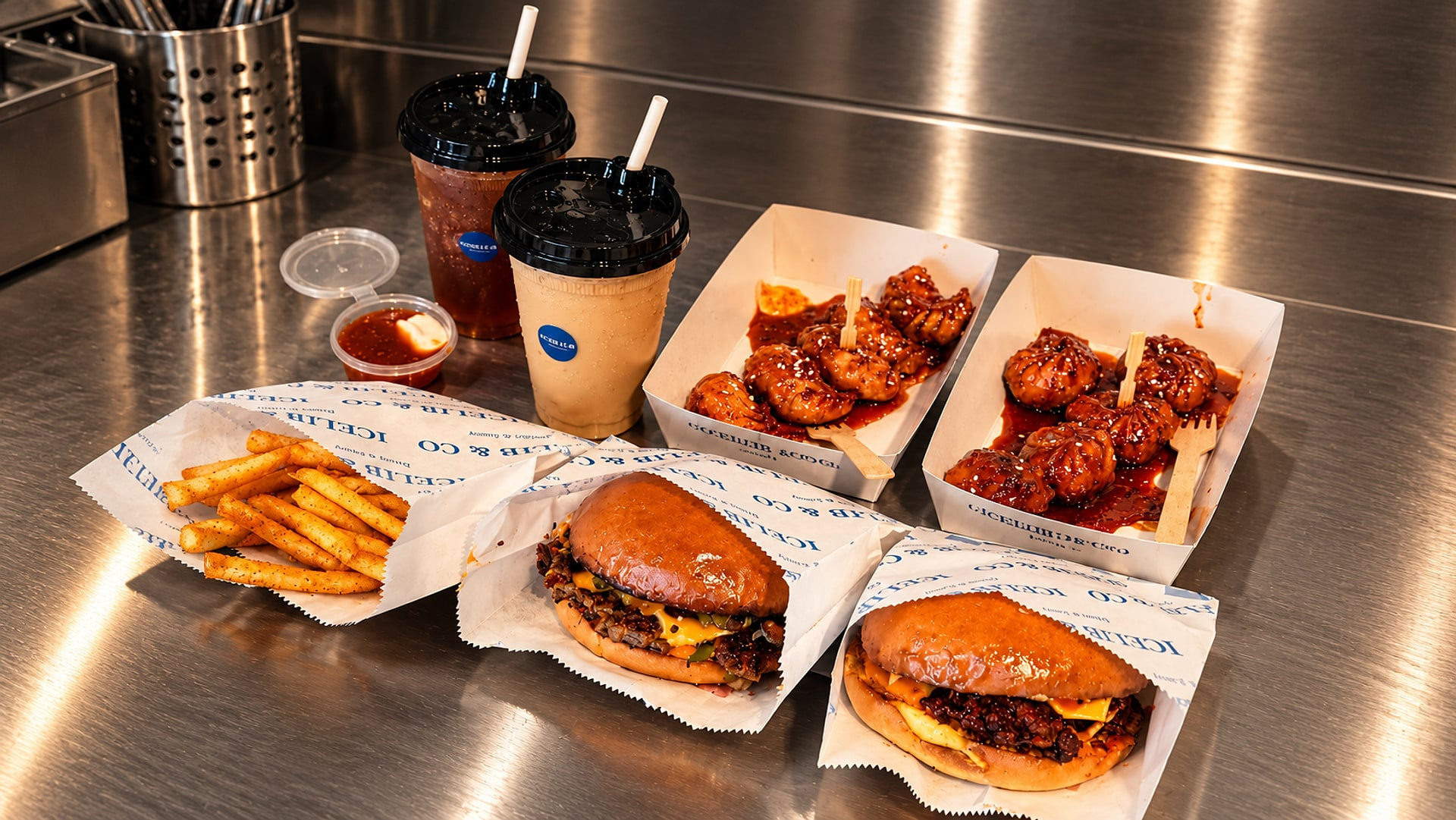 Two smash burgers and fries in Icelib & Co wrappers, glazed momos in paper boats, an iced tea and a cold coffee on a stainless steel counter