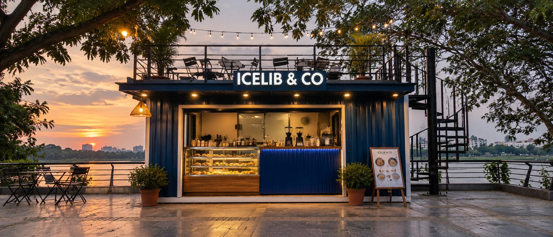 The blue Icelib & Co container on the lakeside promenade at sunset, string lights over its rooftop deck and the glass counter glowing